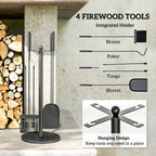 5-Piece Metal Fireplace Tool Set with Stand, Brush, Shovel, Poker & Tongs, Black