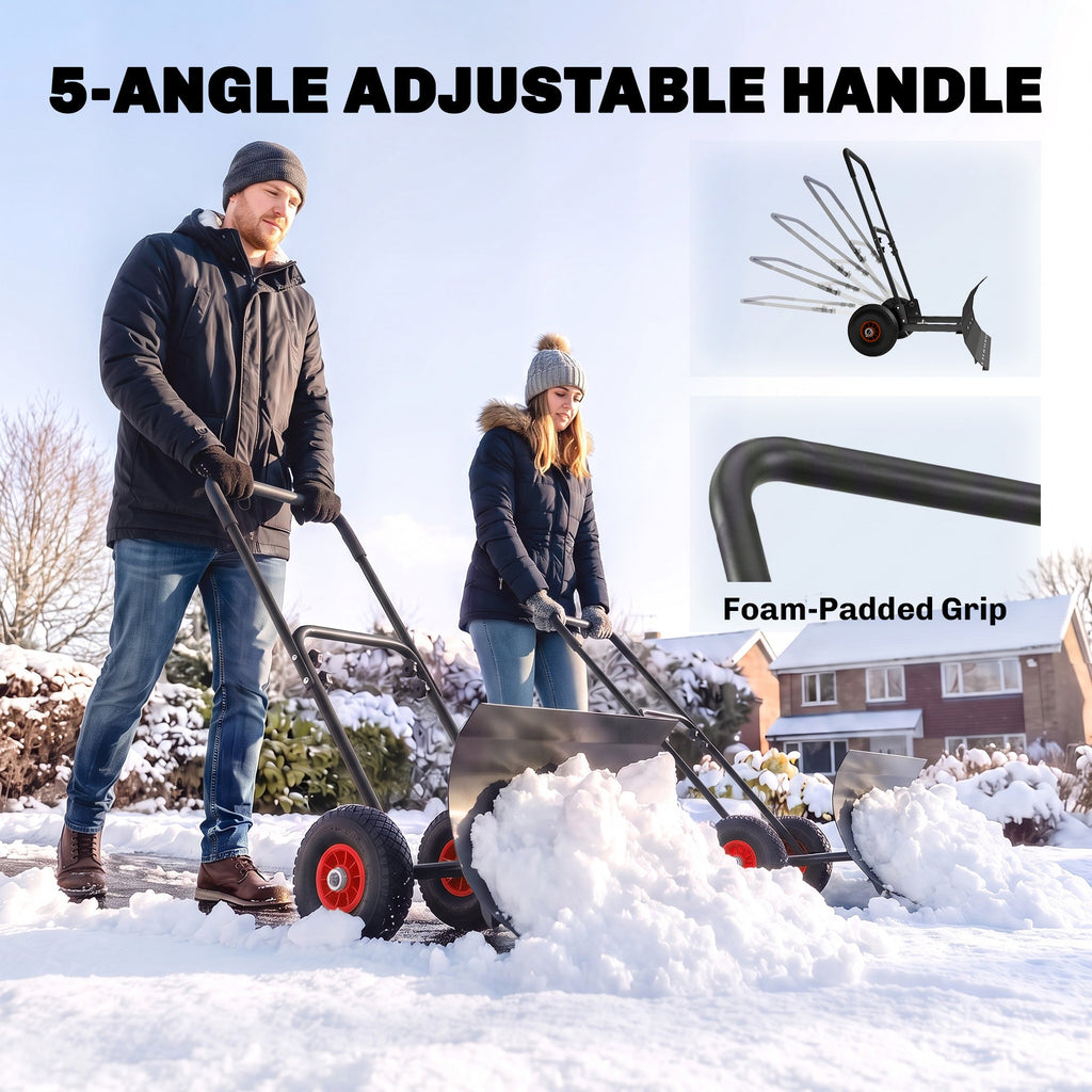 Heavy-Duty Metal Snow Pusher with Wheels & Adjustable Handle, 29" x 16.5" Black
