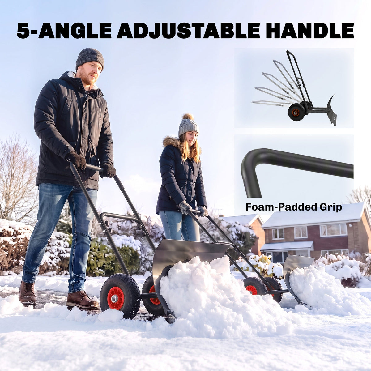 Heavy-Duty Metal Snow Pusher with Wheels & Adjustable Handle, 29" x 16.5" Black