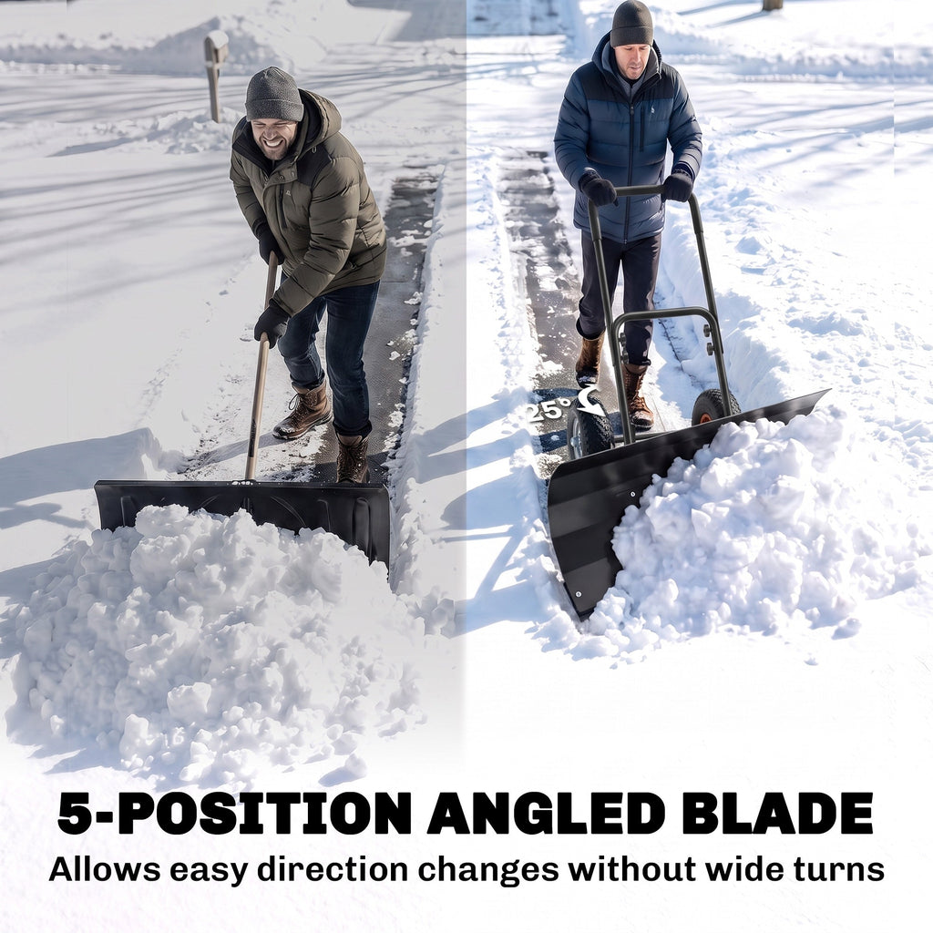 Heavy-Duty Metal Snow Pusher with Wheels & Adjustable Handle, 29" x 16.5" Black