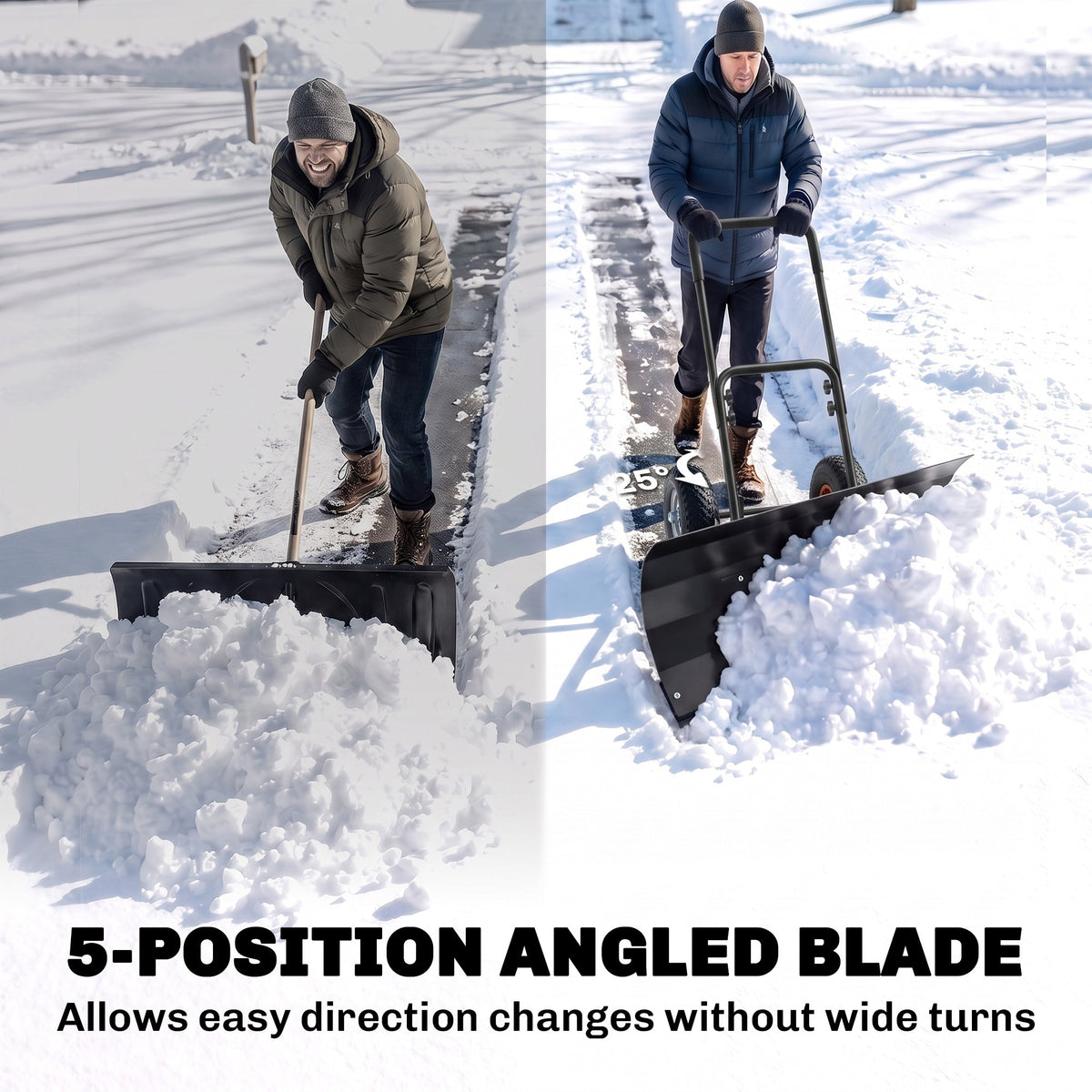 Heavy-Duty Metal Snow Pusher with Wheels & Adjustable Handle, 29" x 16.5" Black