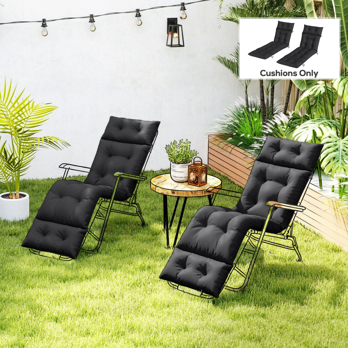 190x56x10cm Sun Lounger Cushions Set of 2 for Loungers, 220gsm UPF20+ Black