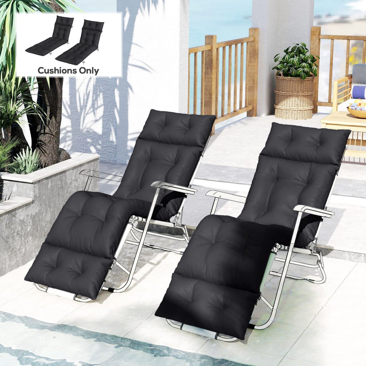 190x56x10cm Sun Lounger Cushions Set of 2 for Loungers, 220gsm UPF20+ Black
