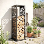 15 Inch Firewood Rack with Heavy-Duty Galvanized Steel Log Holder Featuring 4 Hooks & Adjustable Pads, Black
