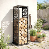 15 Inch Firewood Rack with Heavy-Duty Galvanized Steel Log Holder Featuring 4 Hooks & Adjustable Pads, Black