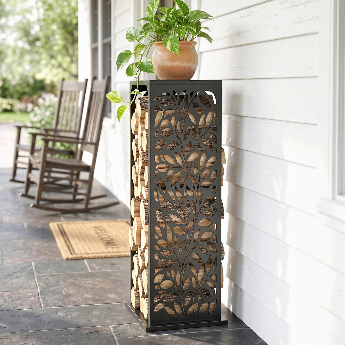 15 Inch Firewood Rack with Heavy-Duty Galvanized Steel Log Holder Featuring 4 Hooks & Adjustable Pads, Black
