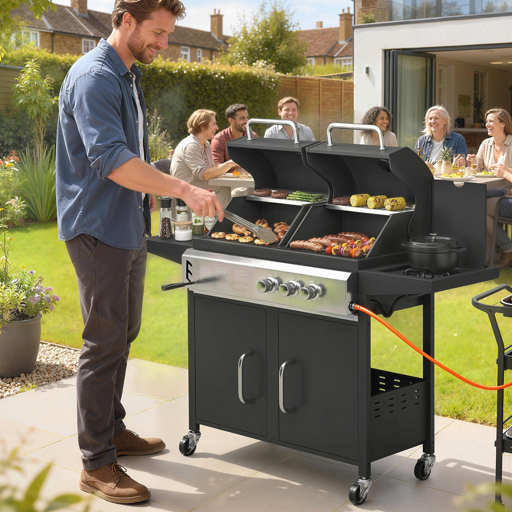 2+1 Burner Hybrid Dual Fuel BBQ Grill with Cabinet, Black