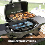 2 Burner Gas Grill with 2 Side Tables and Cast Iron Grates, Black