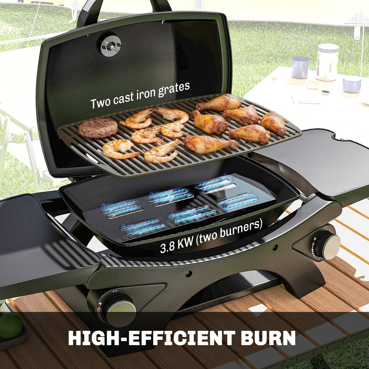 2 Burner Gas Grill with 2 Side Tables and Cast Iron Grates, Black