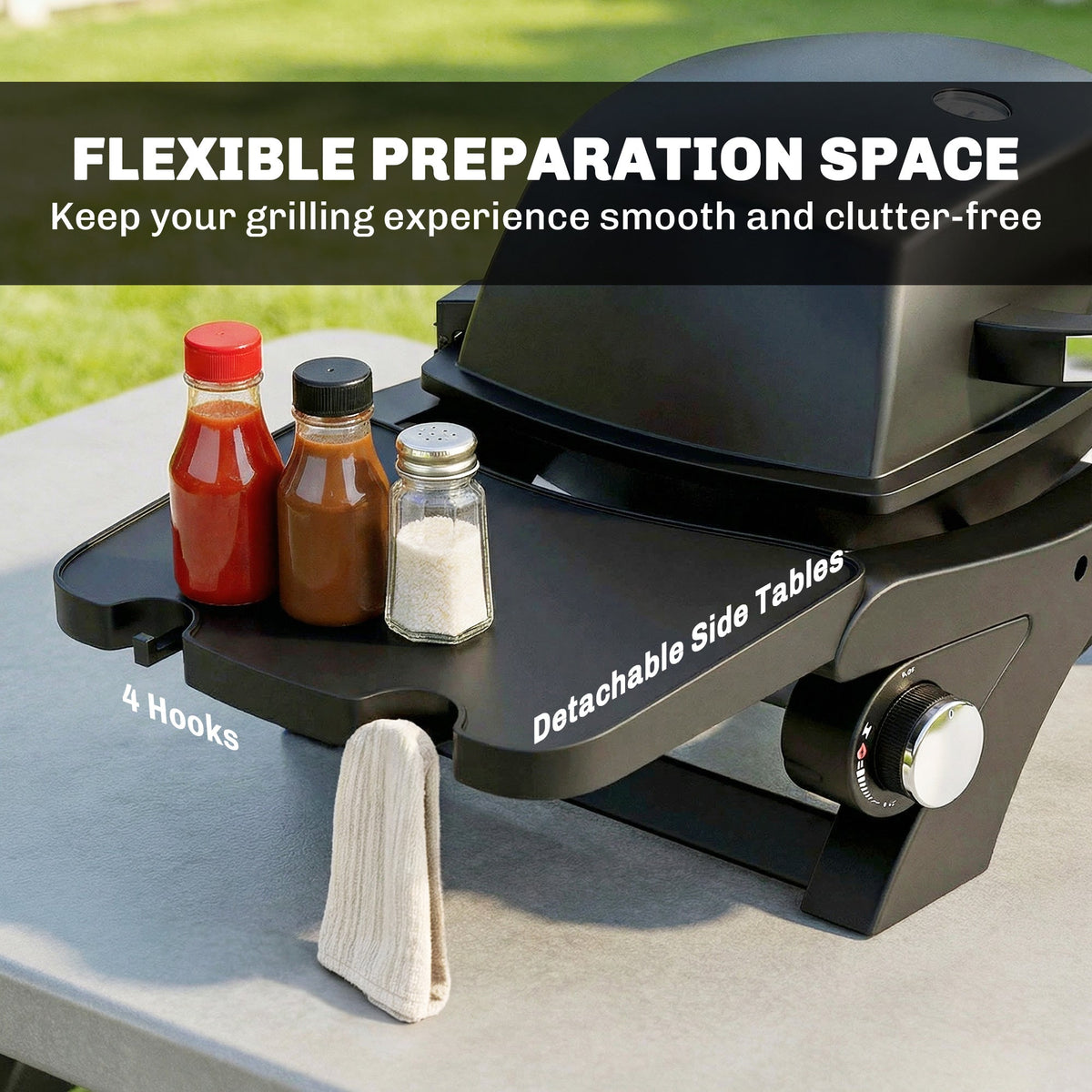 2 Burner Gas Grill with 2 Side Tables and Cast Iron Grates, Black