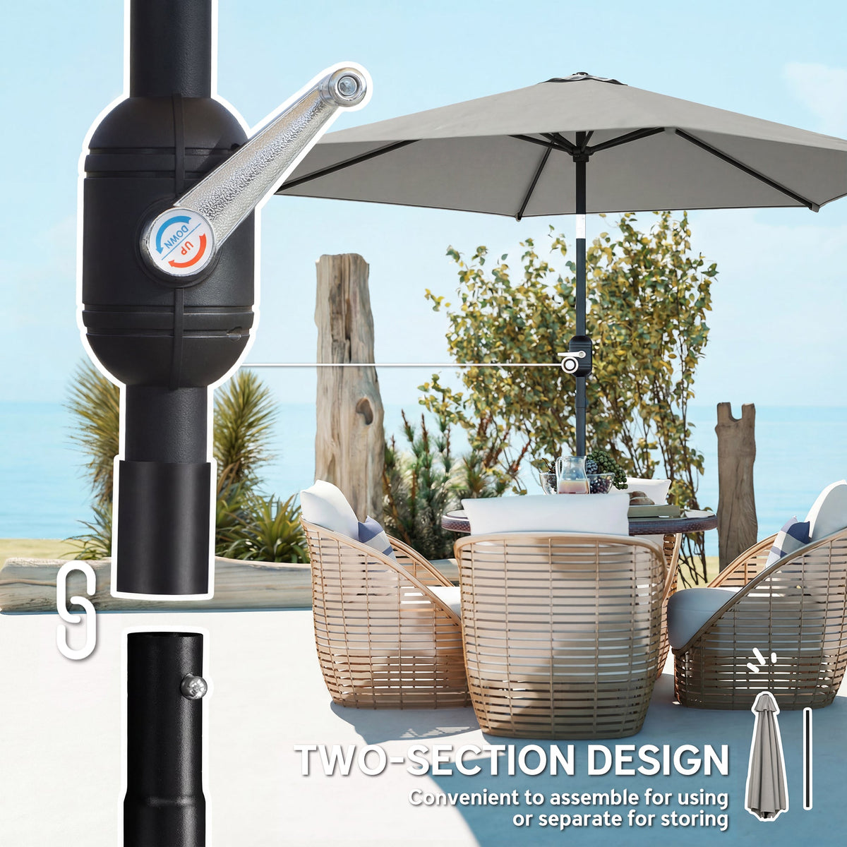 2.6 m Garden Parasol with Tilt, Crank, Vent & Aluminium Pole, Light Grey