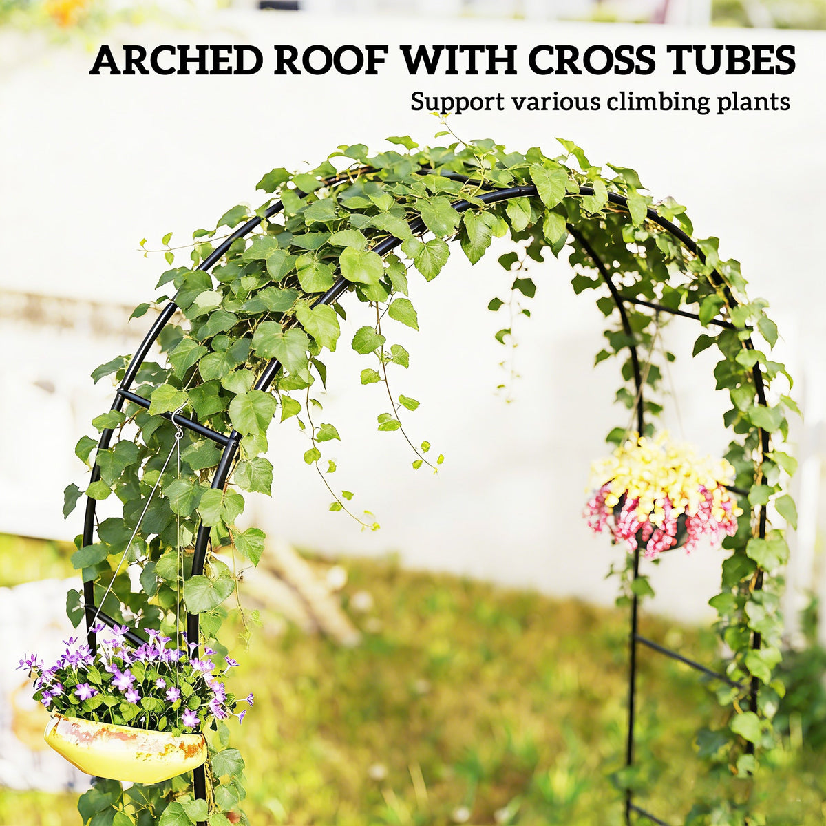 8 ft Steel Garden Arch Trellis with Base, Black