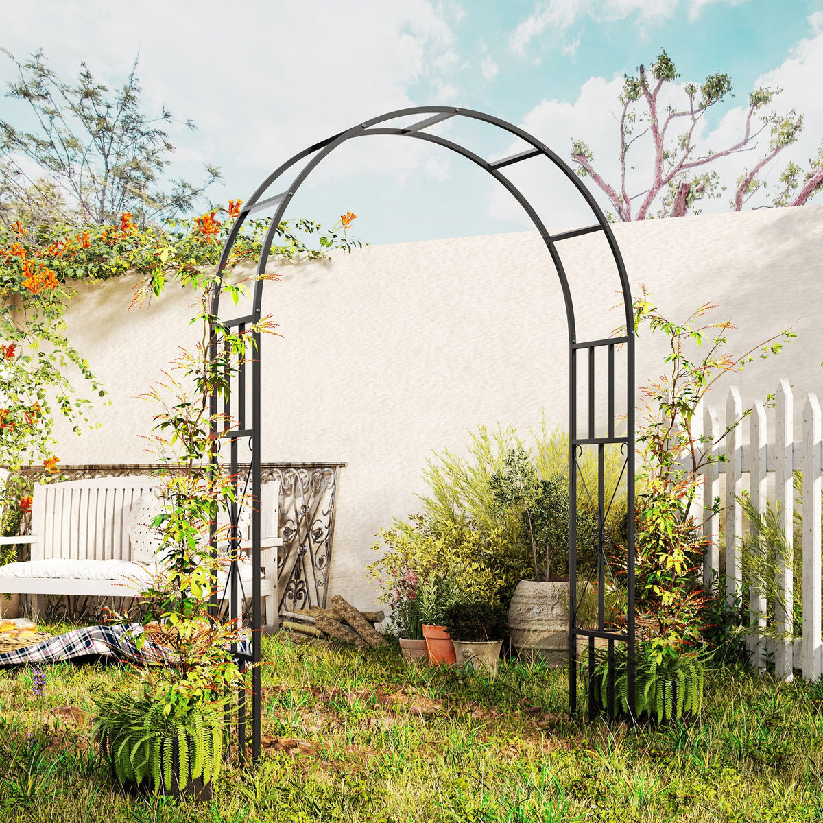 7.3ft Steel Garden Arch Trellis for Climbing Plants Roses Wisteria Vines, Black