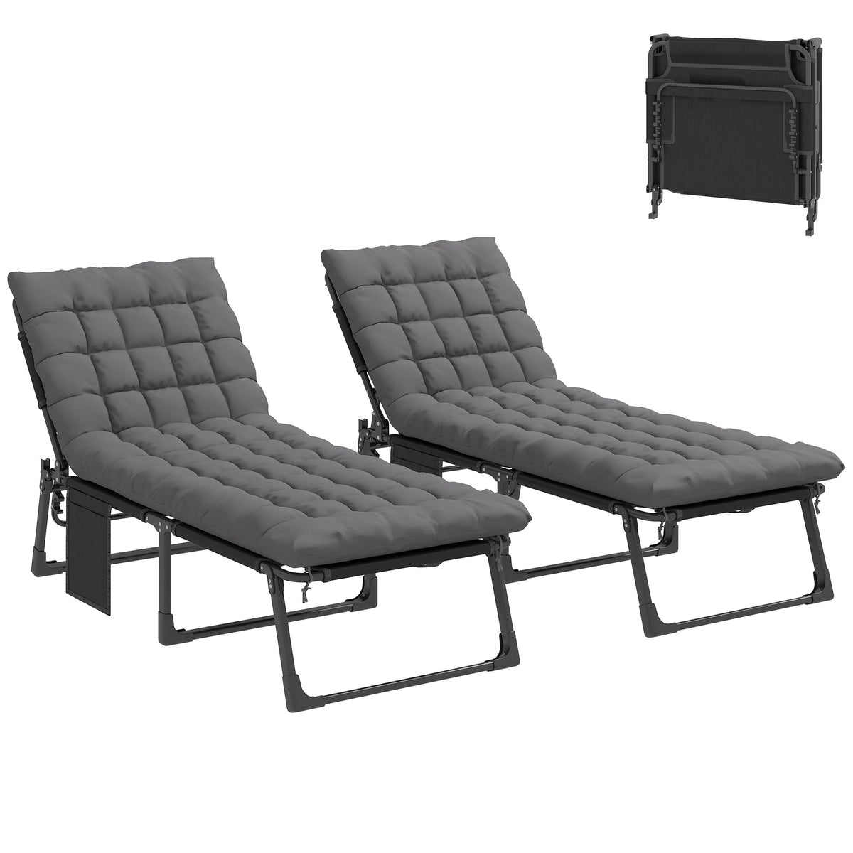 2 Piece Reclining Outdoor Chaise Lounge Chairs with Cushions, Dark Gray