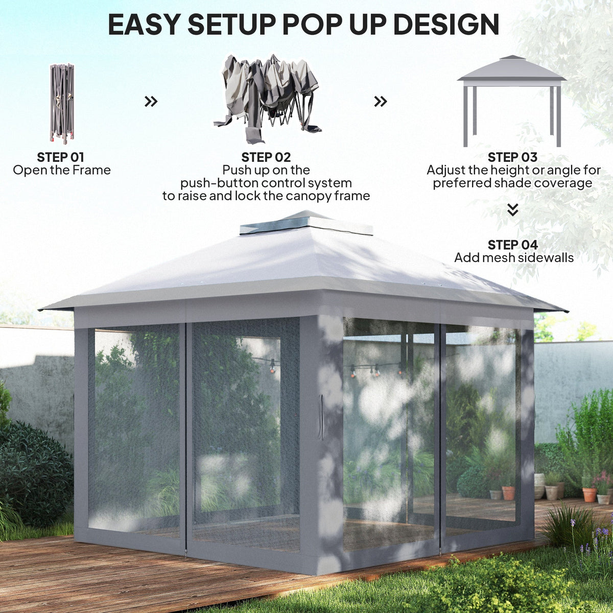 11' x 11' Pop Up Canopy with Double Roof and Mesh Sidewalls, Light Grey