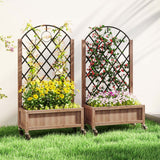 2 Pack Raised Garden Beds with Metal Trellis, Wheels and Drainage, Brown