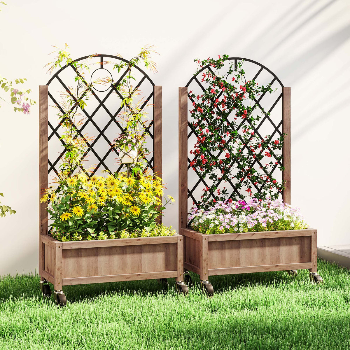 2 Pack Raised Garden Beds with Metal Trellis, Wheels and Drainage, Brown