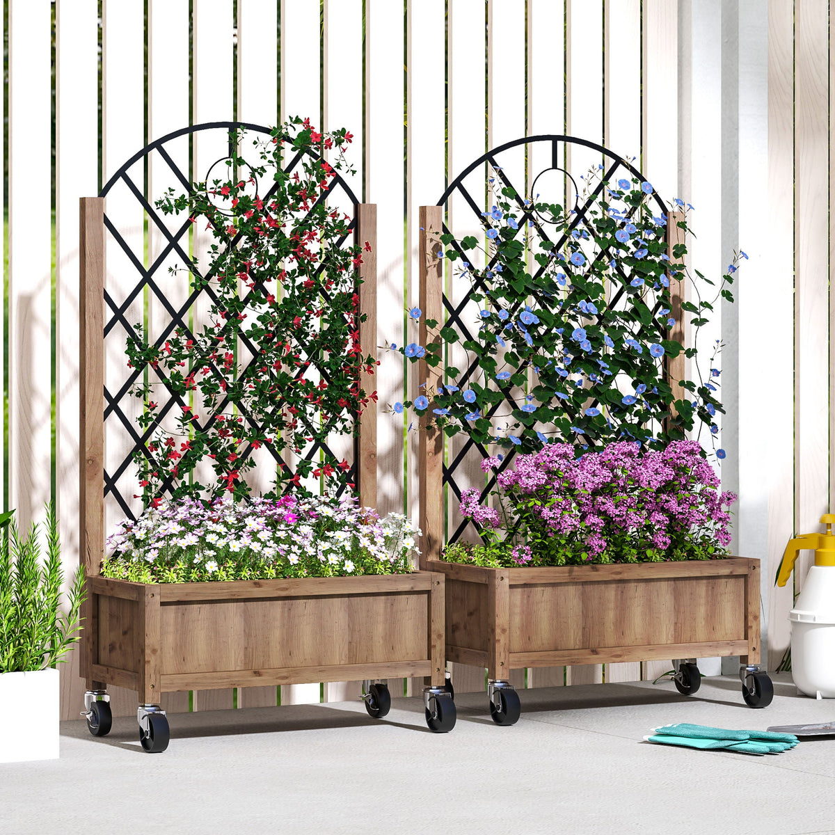 2 Pack Raised Garden Beds with Metal Trellis, Wheels and Drainage, Brown