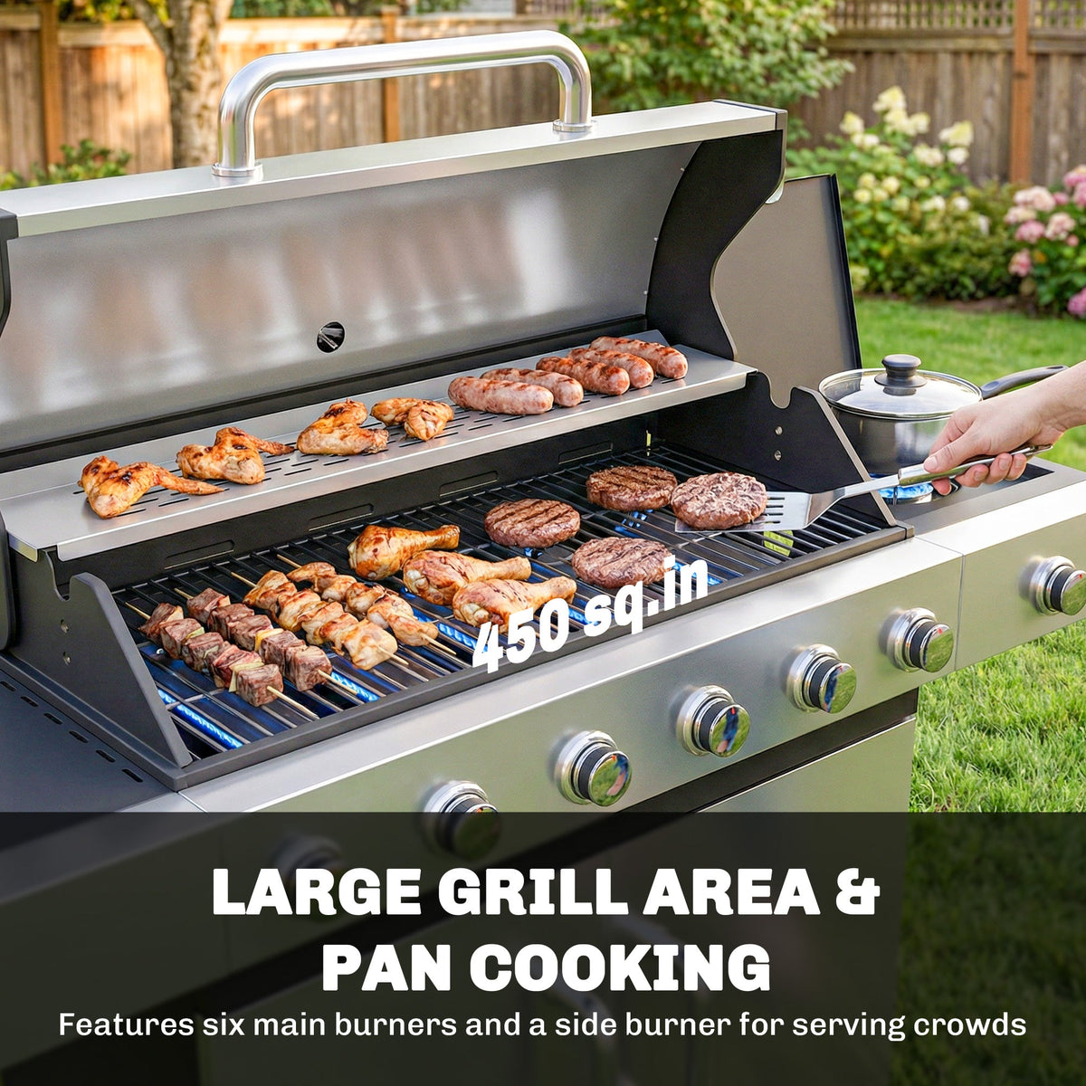 6 Burner Propane Gas Grill with Side Burner, 63,000 BTU , Warming Rack & Cabinet