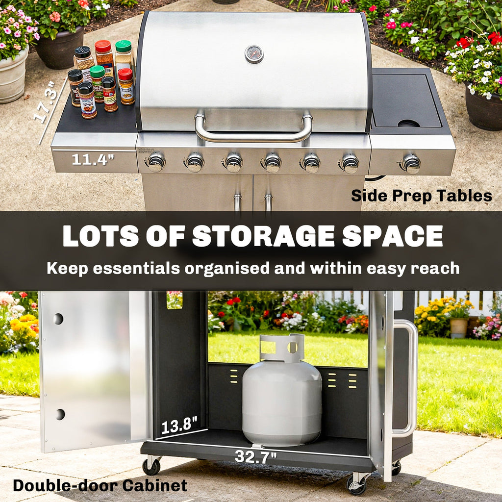 6 Burner Propane Gas Grill with Side Burner, 63,000 BTU , Warming Rack & Cabinet