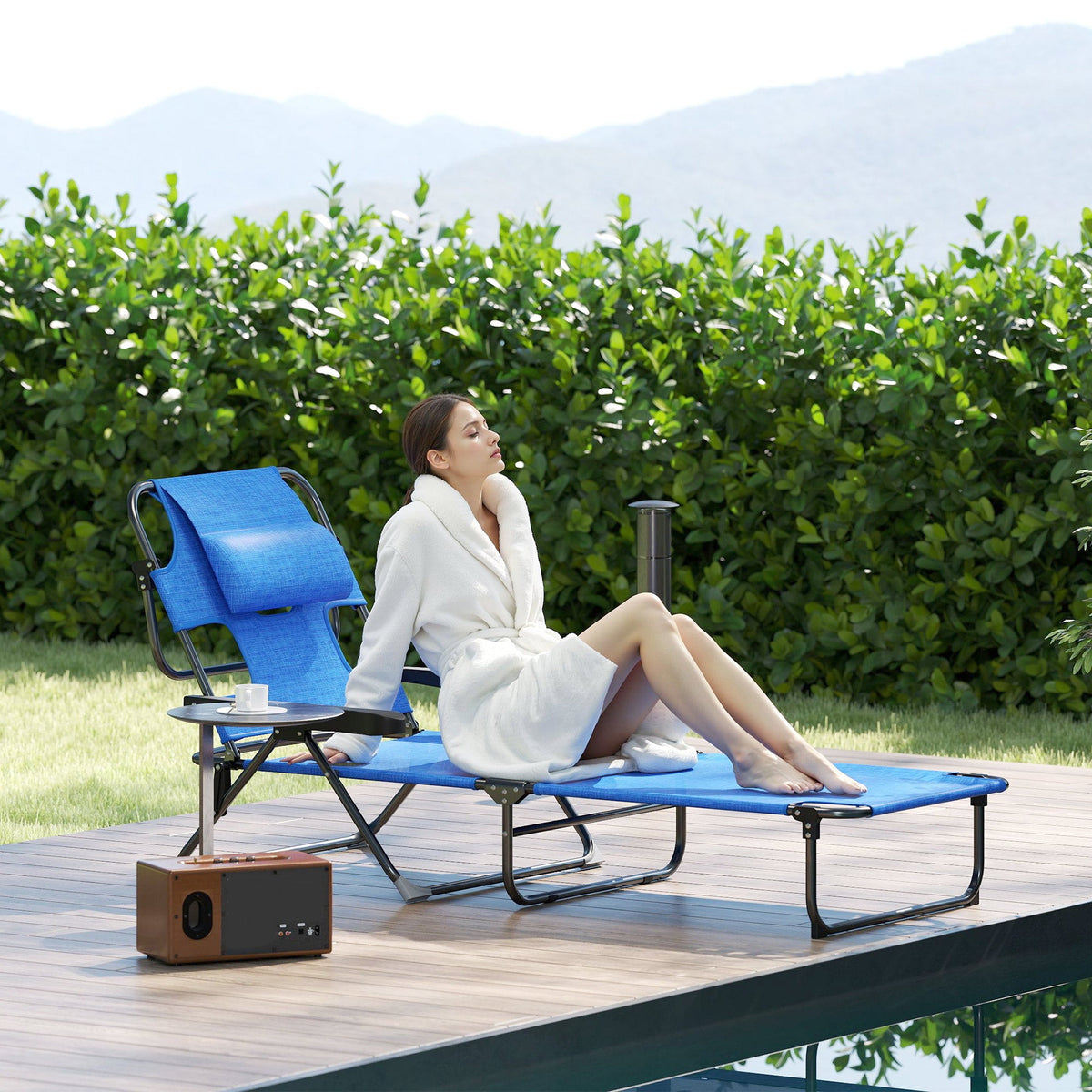 Folding Lounge Chair with Reading Hole and Headrest, Dark Blue