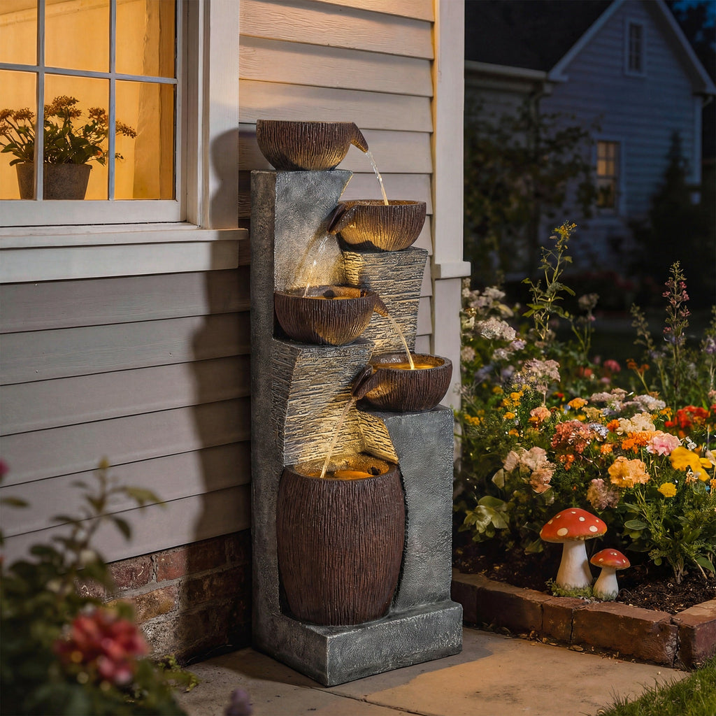 51.2" 5-Tier Water Fountain with LED Lights and Adjustable Flow, Gray/Brown
