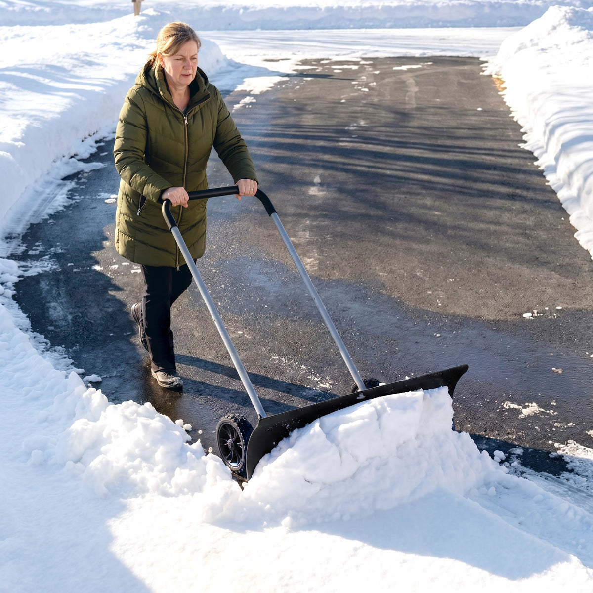 37" Extra-Wide Aluminum Snow Pusher with Wheels and Ergonomic Handle, Black