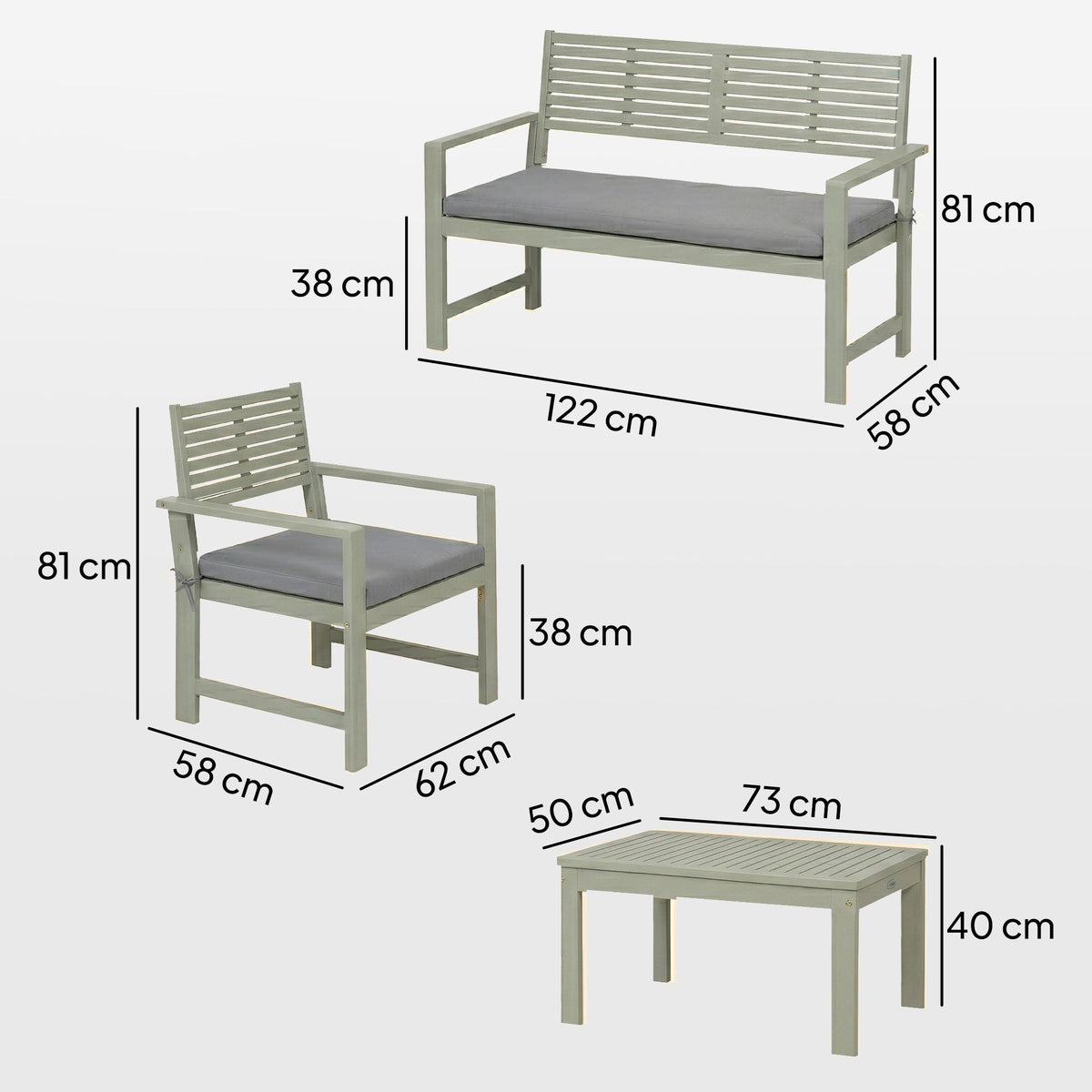 4-Seater Acacia Garden Set with Loveseat, 2 Chairs & Wood Table, Light Grey