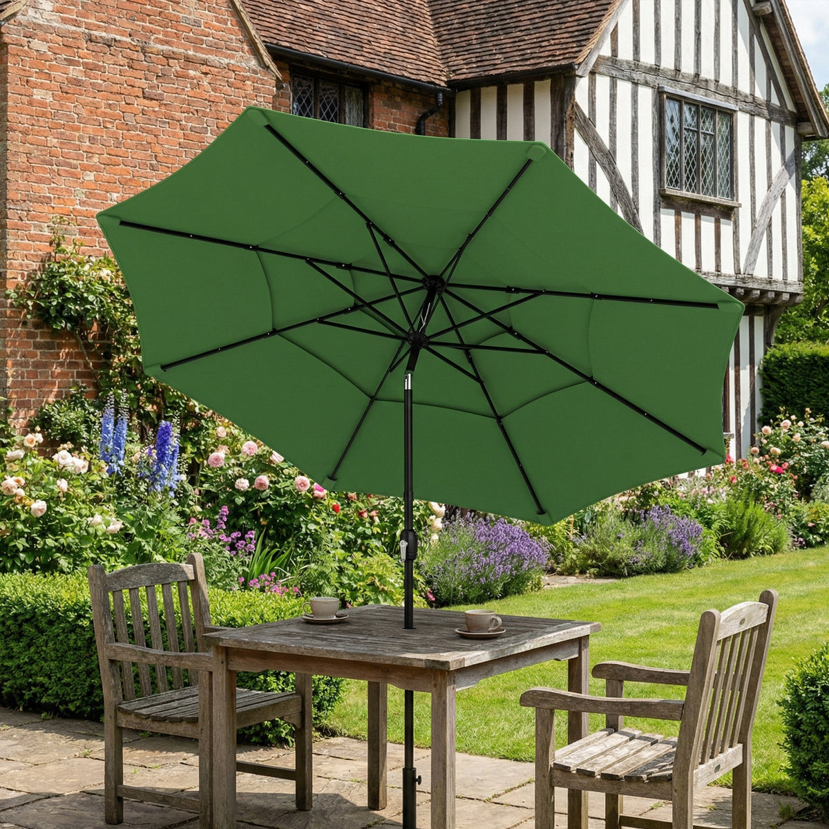3 m Garden Parasol with 3-Tier Roof, Crank Handle & Tilt, Green