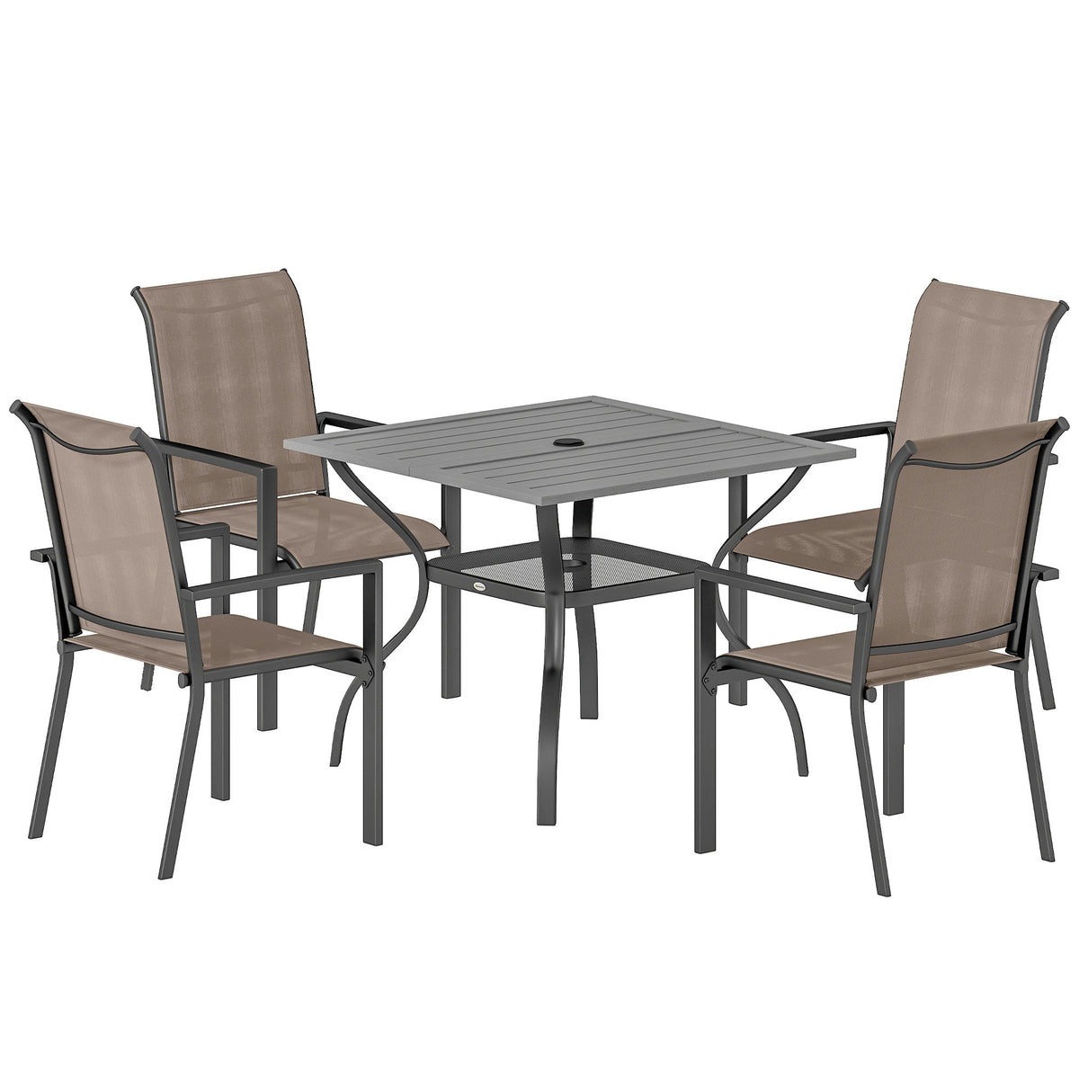 5 Piece Garden Dining Set with Stackable Chairs and Parasol Hole, Grey/Khaki