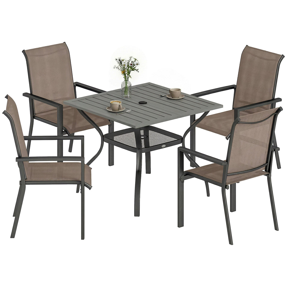 5 Piece Garden Dining Set with Stackable Chairs and Parasol Hole, Grey/Khaki
