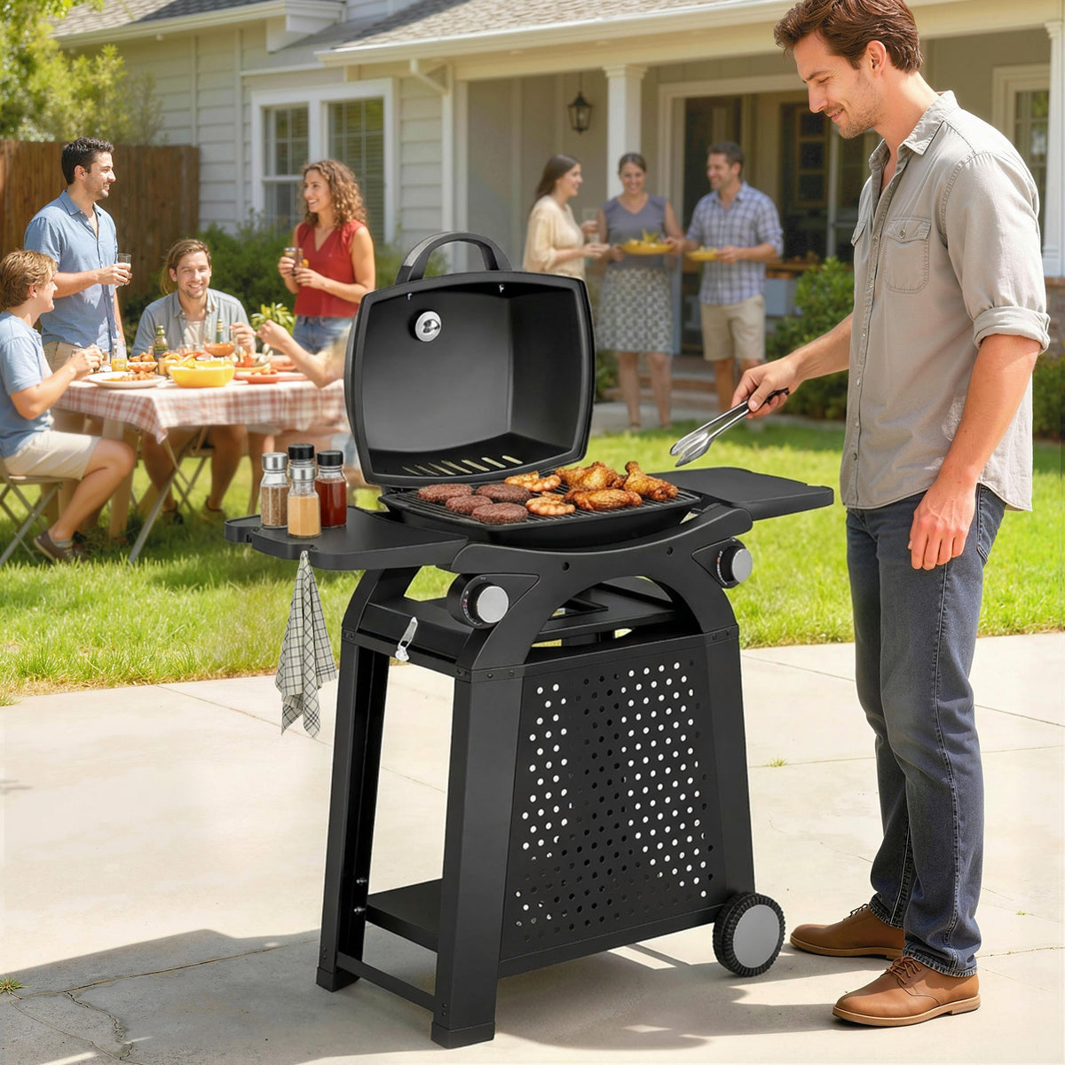 2 Burner Gas Grill with Wheels, Side Tables and Cast Iron Grates, Black
