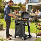 2 Burner Gas Grill with Wheels, Side Tables and Cast Iron Grates, Black
