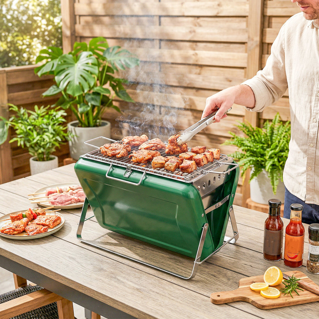 Folding Portable Charcoal BBQ Grill with Handle and Foldable Legs, Dark Green