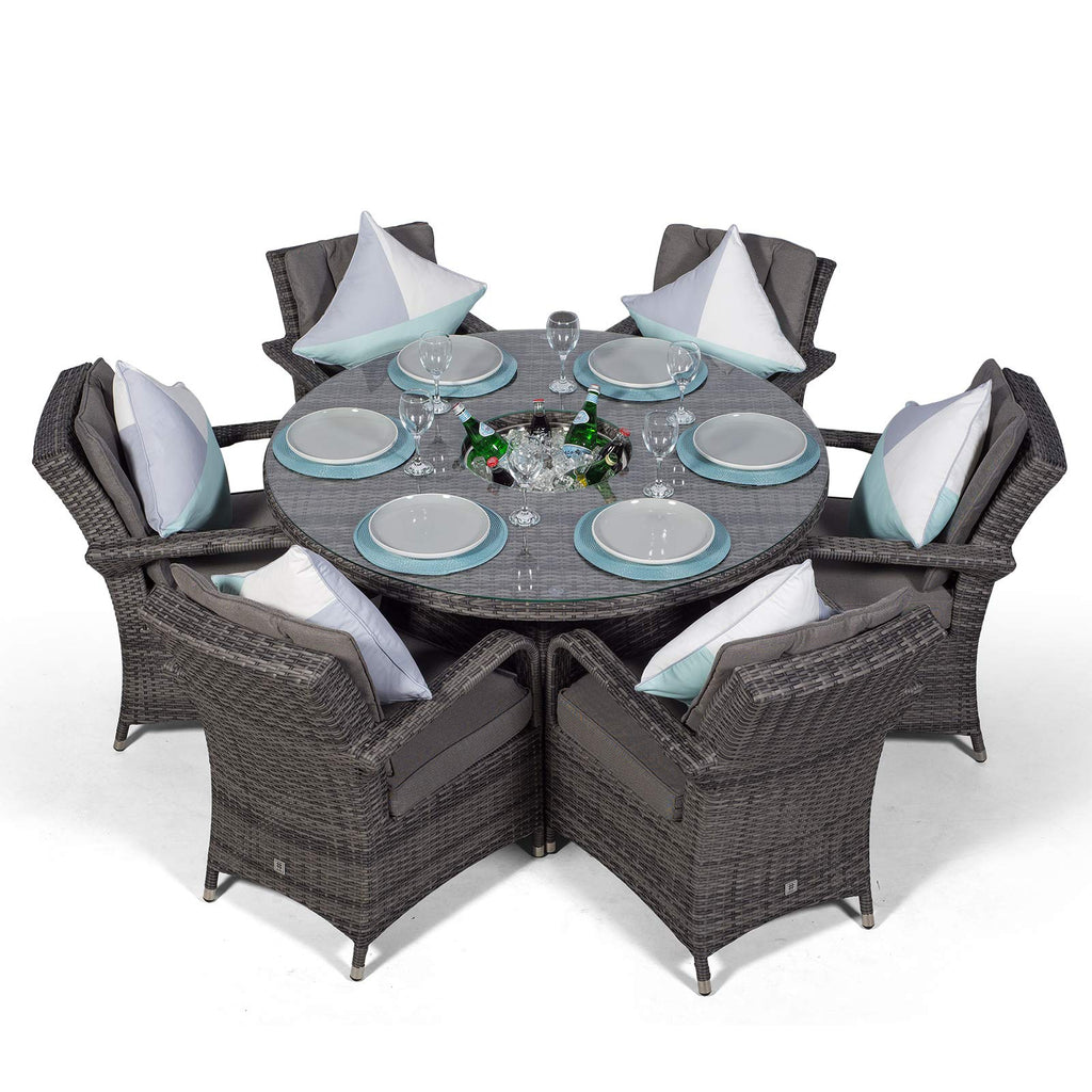 Arizona Luxury 6 Seater Grey Rattan Dining Set with Ice Bucket Drinks Cooler | Outdoor Poly Rattan Garden Table & Chairs Set with Parasol & Cover