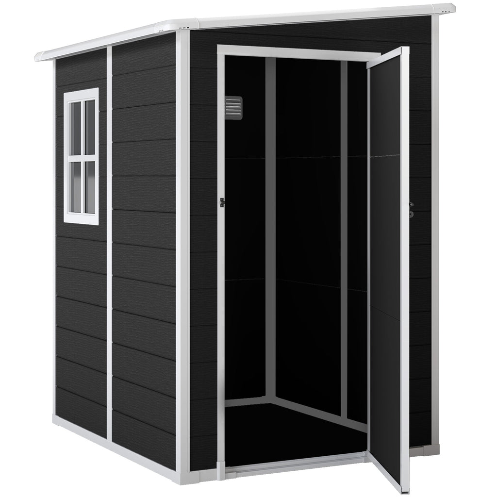 4 x 5FT Plastic Lean-to Garden Shed with Floor, Window and Vent, Black