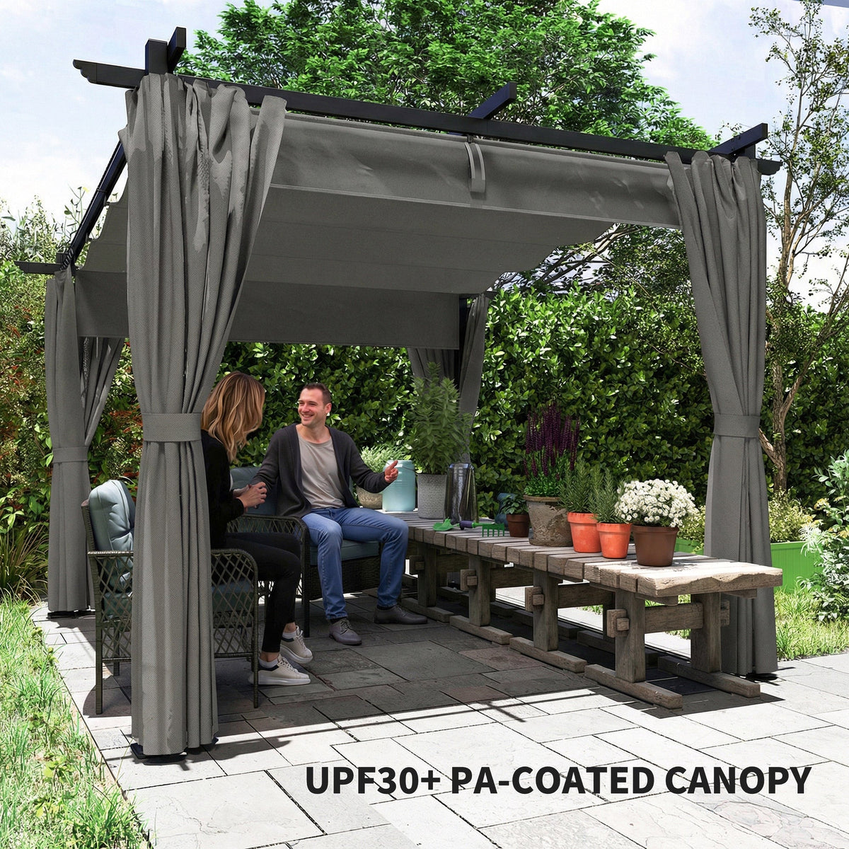 3 x 3 m Metal Pergola with Retractable Roof and Sidewalls, Light Grey