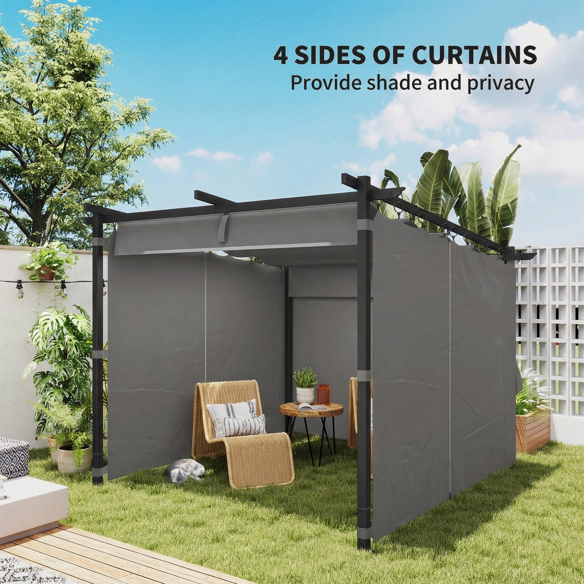 3 x 3 m Metal Pergola with Retractable Roof and Sidewalls, Light Grey