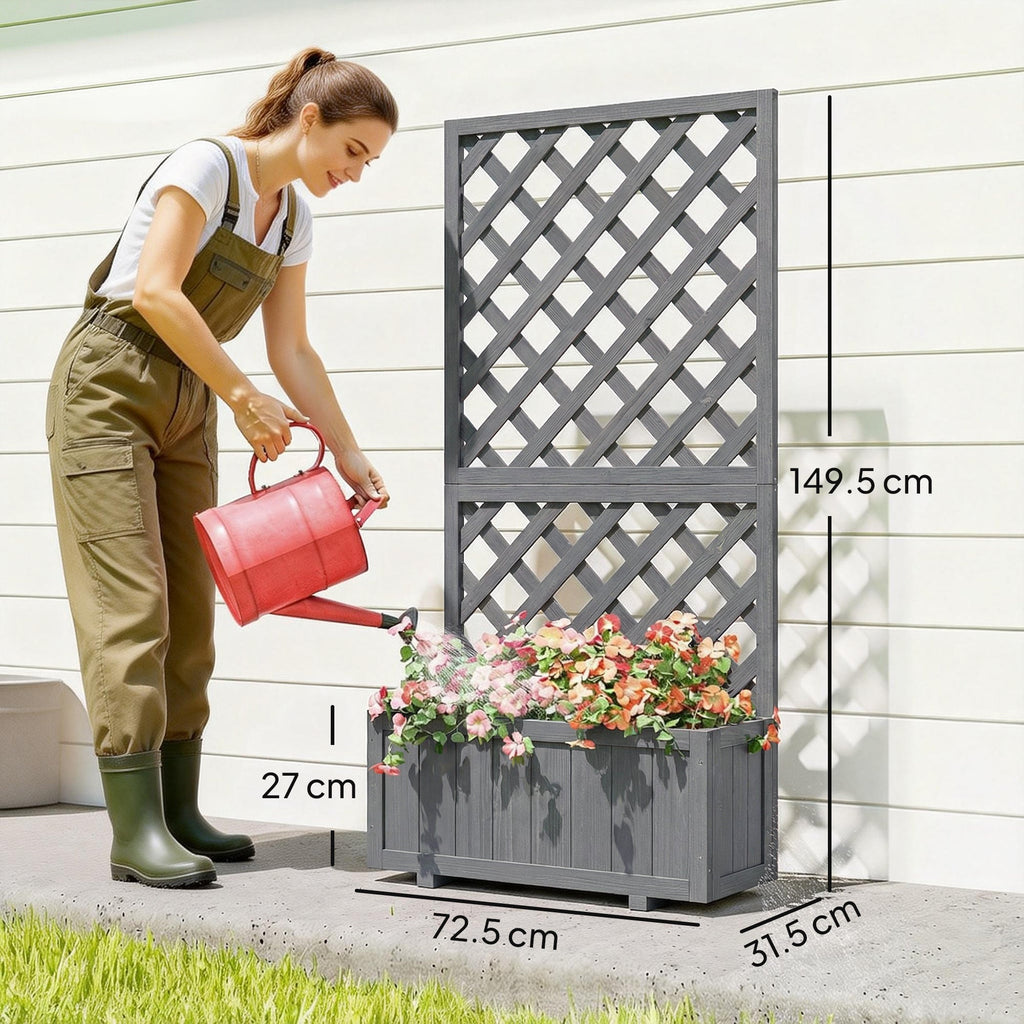 Wood Planter with Trellis and Drainage Holes, Grey