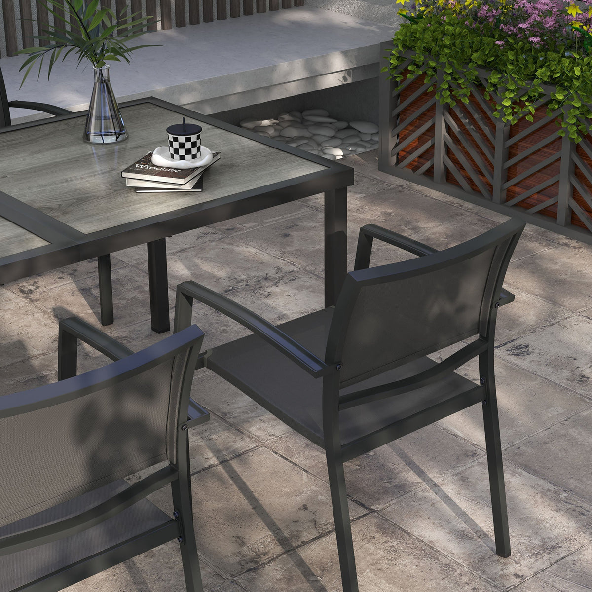 4 Seater Garden Dining Set with Stackable Armchairs, Grey