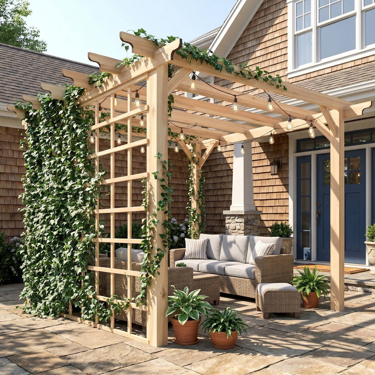 PerArbor 3 x 3 m Natural Wood Pergola Kit with Grape Trellis & Triangle Supports