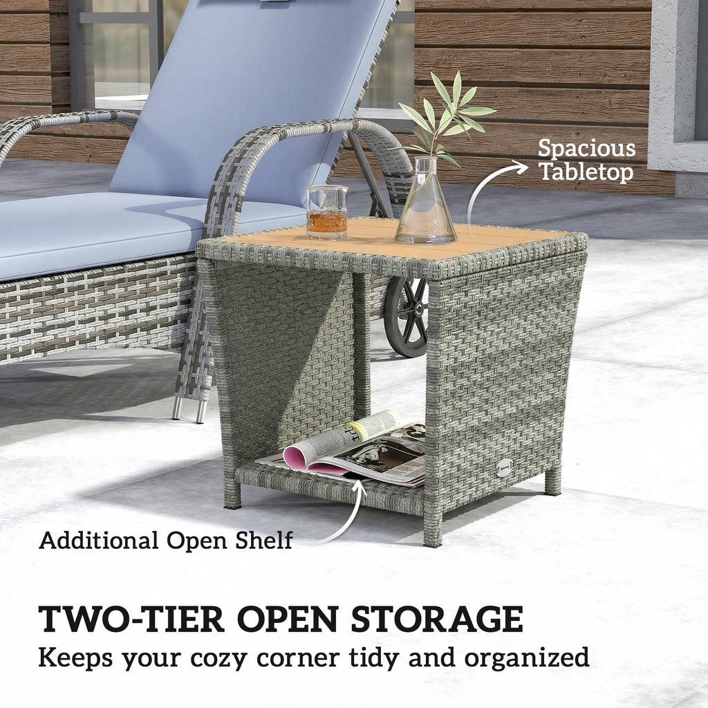 2-Tier PE Rattan Side Table with Storage Shelf, Light Grey