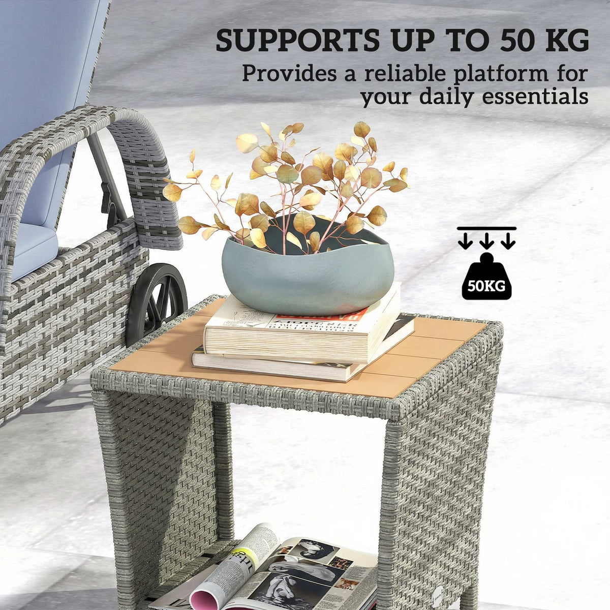 2-Tier PE Rattan Side Table with Storage Shelf, Light Grey