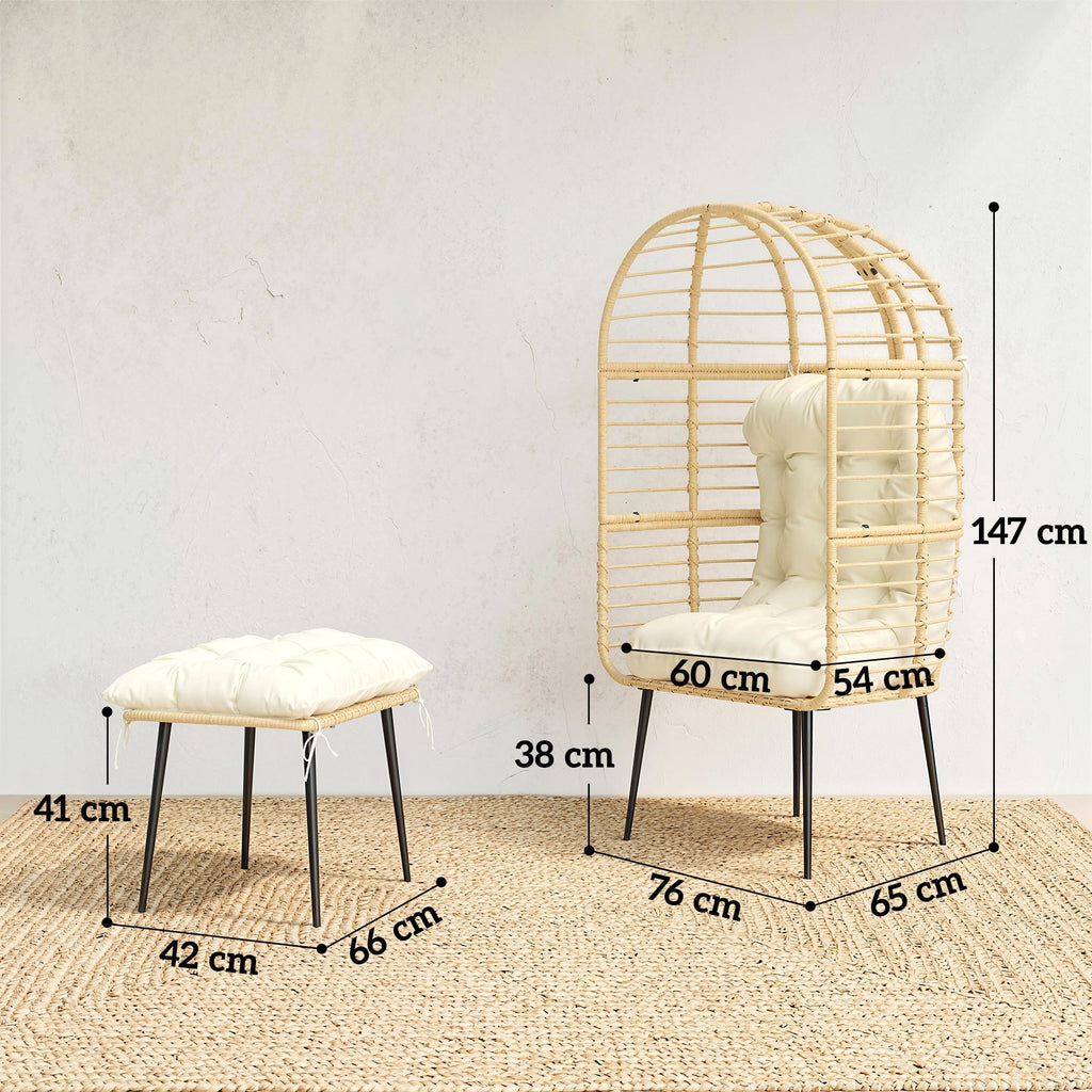 Standing Egg Chair with Footstool, PE Rattan Egg Chair with Cushions, Beige
