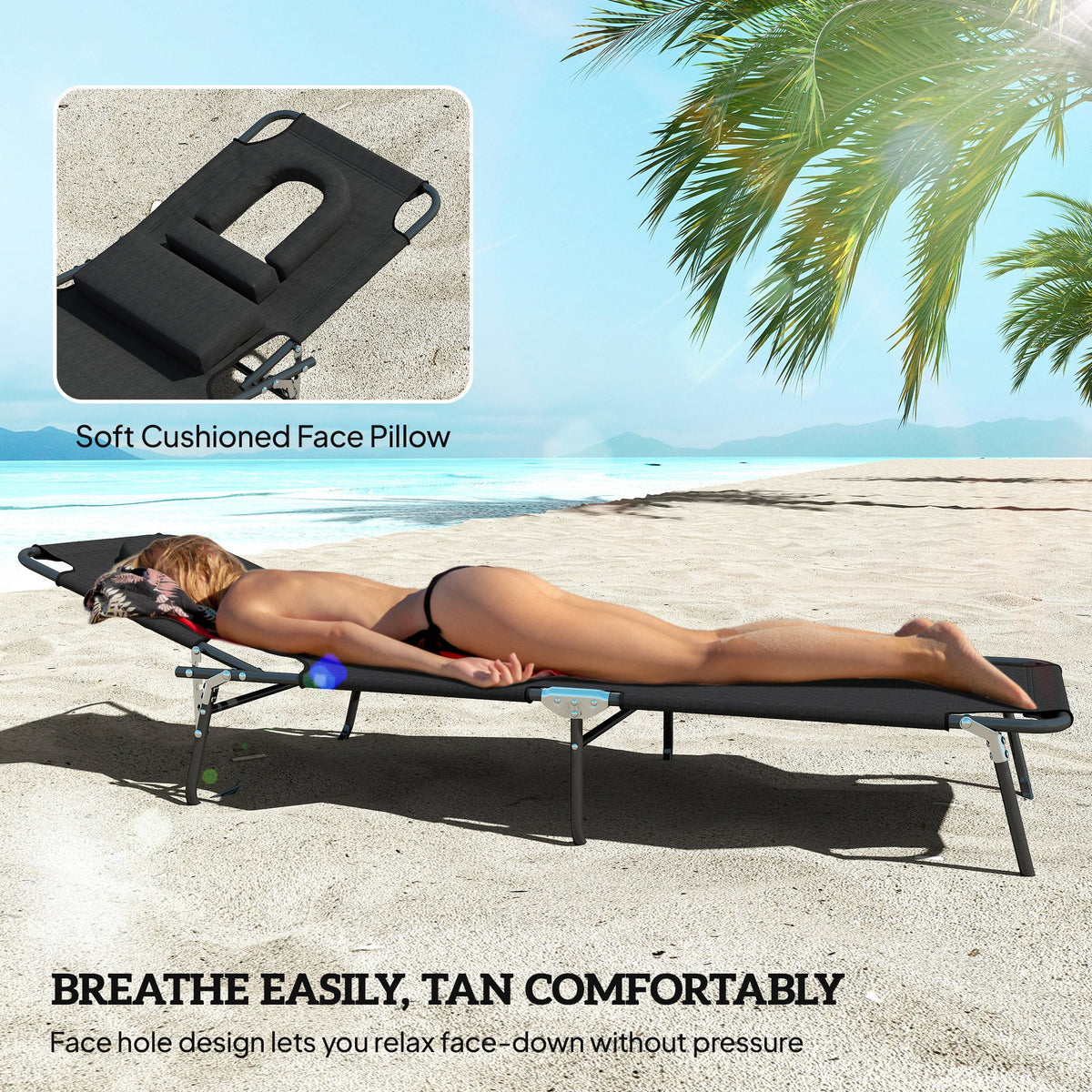 2pcs Adjustable Outdoor Lounge Chairs with Face Hole, Black