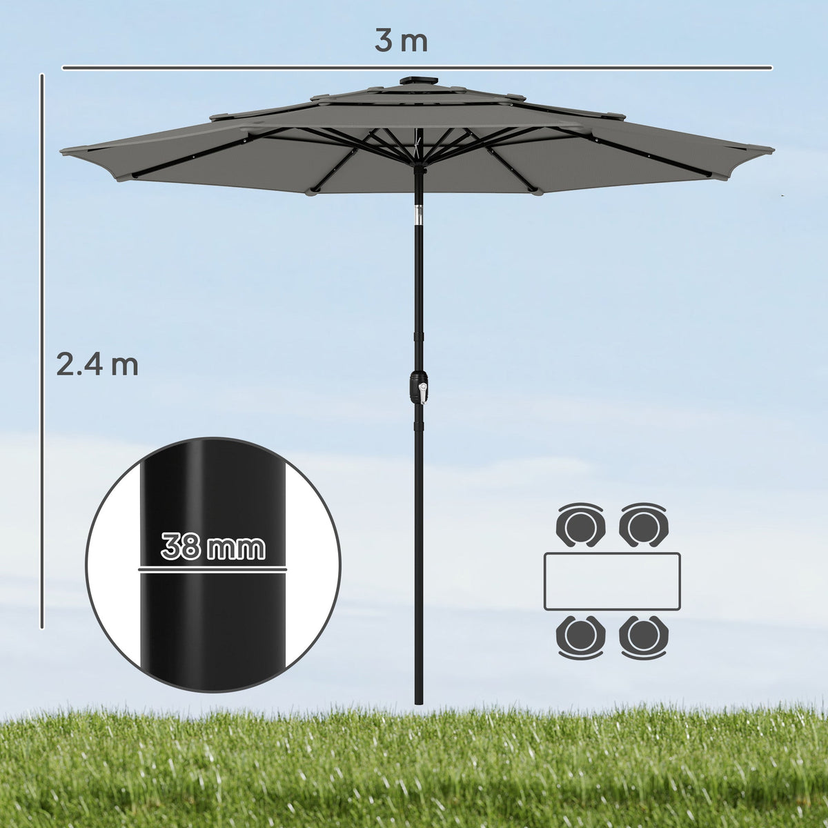 3 m Garden Parasol with 3-Tier Roof, Crank Handle & Tilt, Grey
