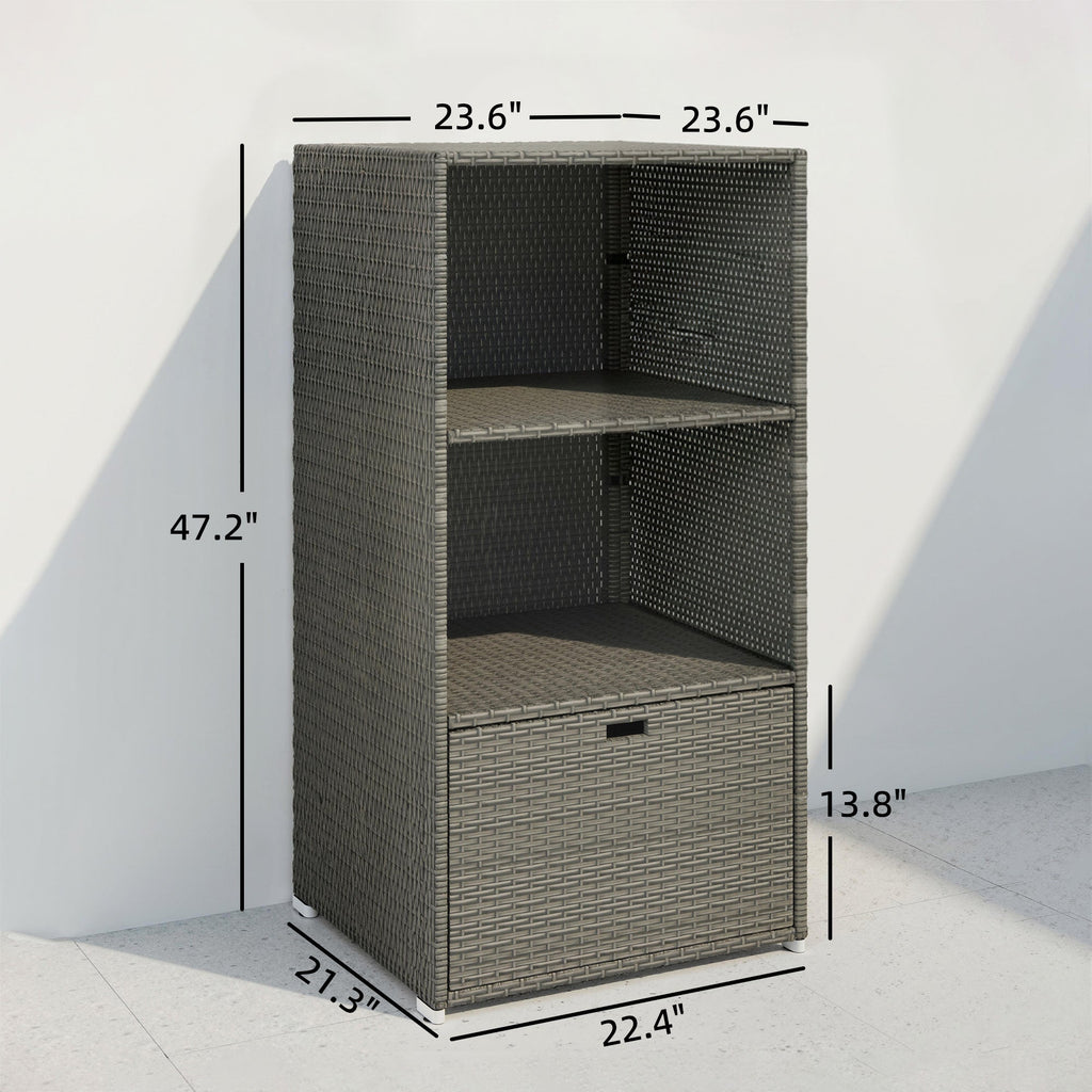 Pool Towel Rack with 2 Shelves and Basket Drawer, PE Rattan, Dark Gray