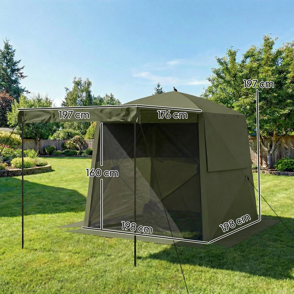 2 x 2 m Pop Up Gazebo with Awning, Sides, Mesh Windows & Carry Bag, Army Green