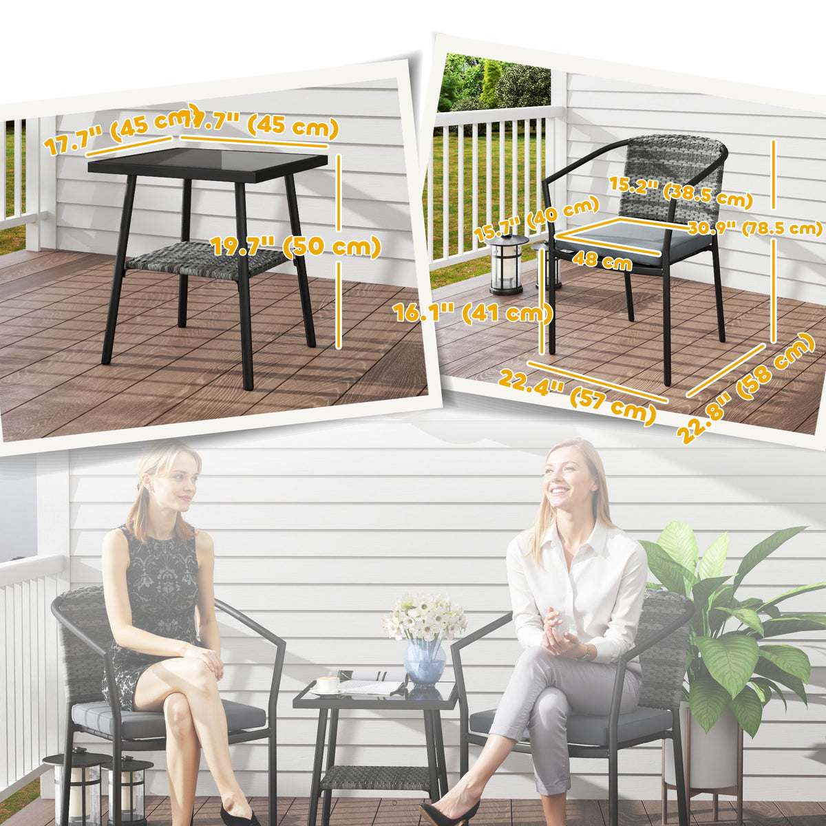 3pc Wicker Bistro Set with Cushions and 2-Tier Glass Table, Dark Grey