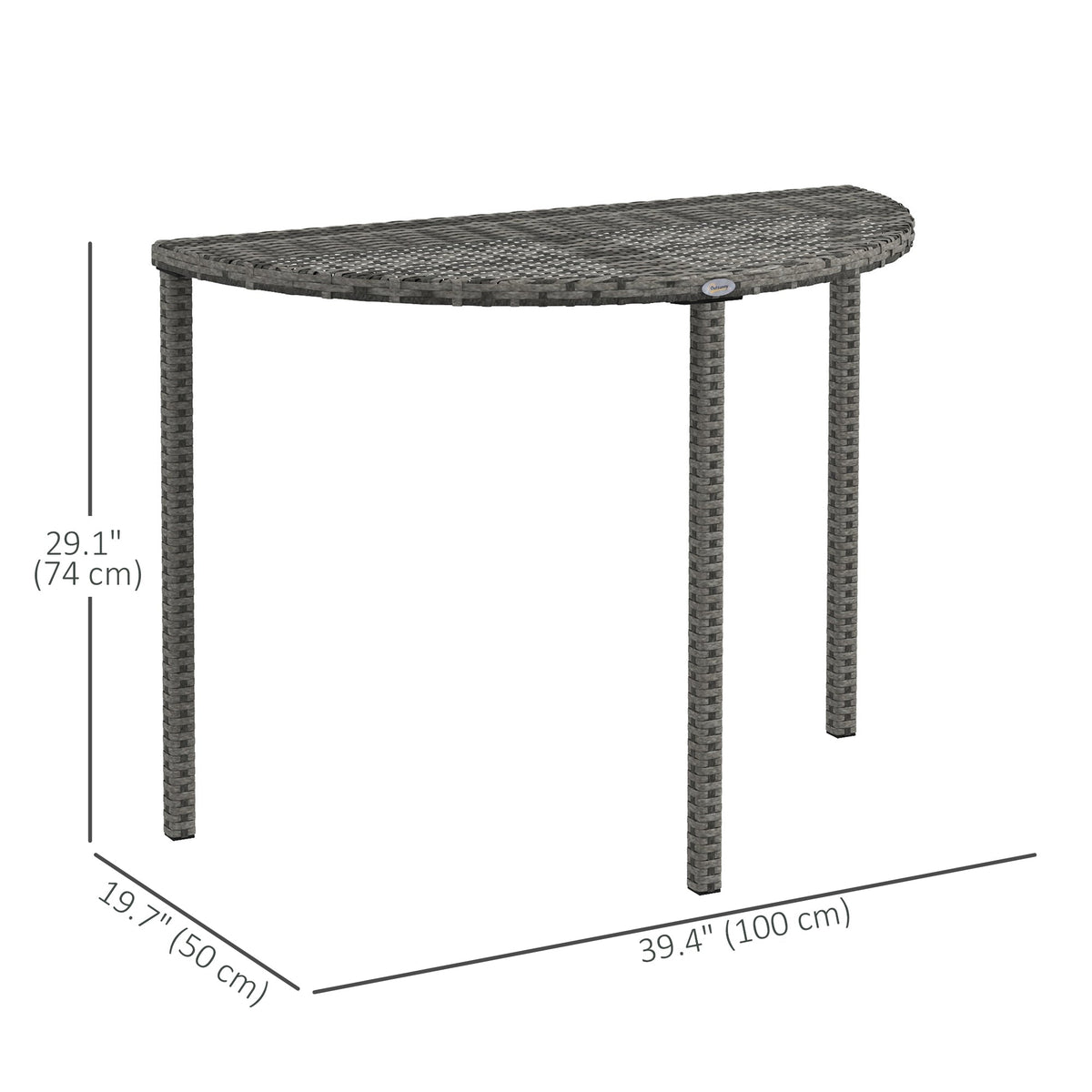 39.4" Half Round PE Rattan Side Table with Metal Frame, Grey